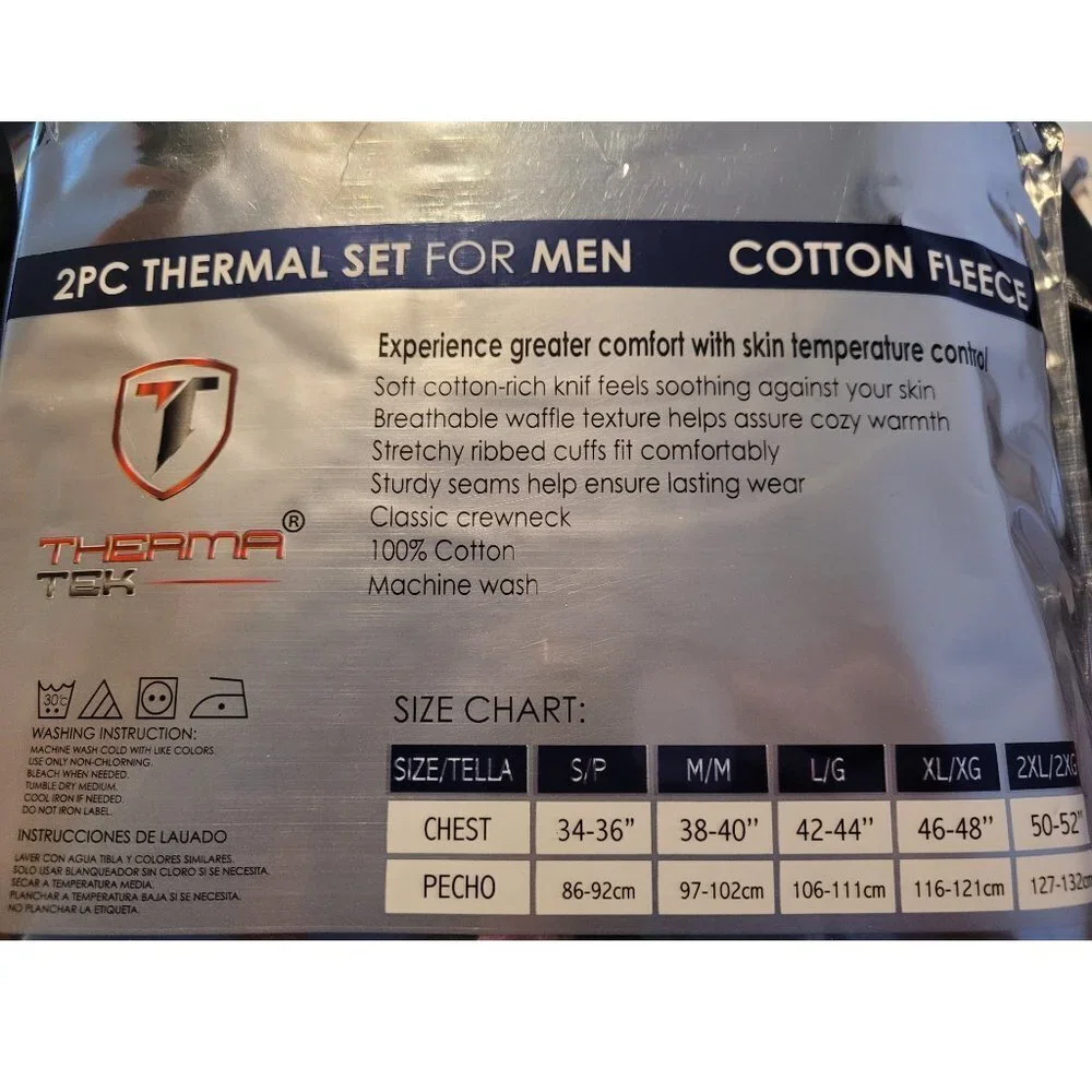 Men Thermal Long Johns Warm Underwear Set, 100% Cotton Fleece, Grey